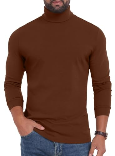 PrinStory Långärmad tröja för män, rund hals, långärmad polotröja, topp, varm, mock turtleneck stickad tröja, Ljusbrun, S