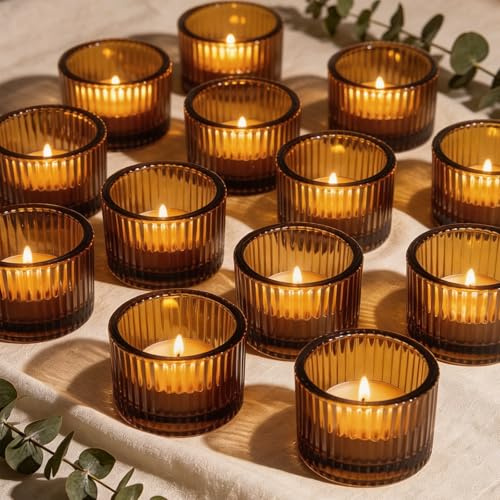 Filltown Amber Tealight Candle Holders Set of 12, Glass Votive Tea Light Holders, Mini Vintage Striped Candles & Holders for Wedding Christmas Home Birthday Party Decor