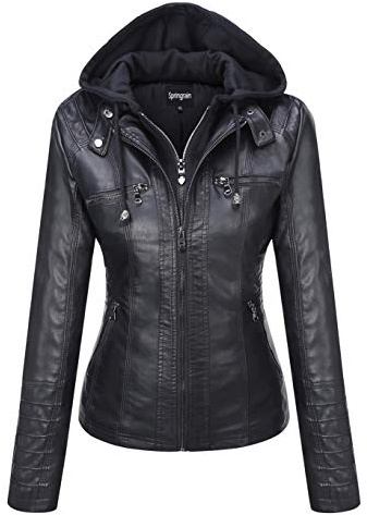 Springrain Women's Faux Leather Jacket Moto Biker Coat with Detachable Hood Motorcycle Jacket (Small, Black)
