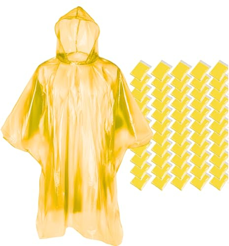 FUN FAN LINE - Pack of 50 Emergency Waterproof Ponchos | Transparent Raincoat Foldable Rain Cape for Men and Women, Light and Portable Jacket for Hikes, Travel or Unexpected Rain. (Yellow)