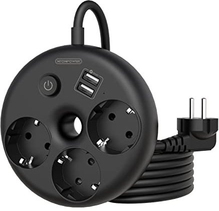 3 Fach Steckdosenleiste 3m Überspannschutz, NTONPOWER Runde Mehrfachsteckdose Wandmontage mit 2 USB Anschluss und Langes Verlängerungskabel für Büro, Schlafzimmer, Reise- schwarz(MEHRWEG