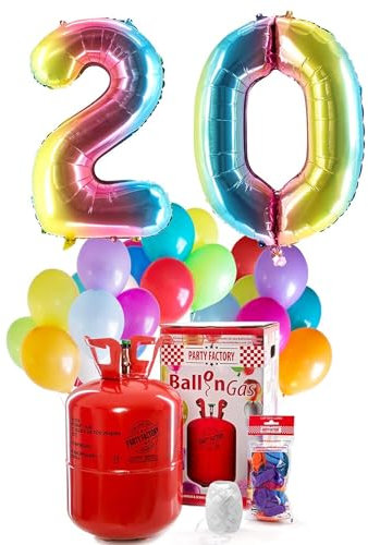 PARTY FACTORY Helium Geburtstags-Komplettset 20 - mit XXL Zahlenballons, 0,4m³ Ballongas, Ballonschnur & 30 bunten Latexballons - für Geburtstag, Jubiläum, Jahrestag in versch. Farben (Regenbogen)