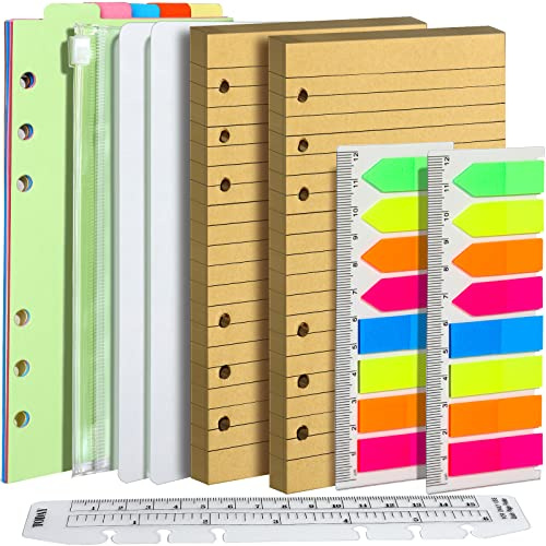FANDAMEI Linierte Kraftpapiere Papier Nachfüllpapiere Set, 6 Löcher Craft Paper A6 Nachfüllbare Notizpapier 90 Blätter, 7 Stk. Trennblätter, 320 Stk. Haftnotizen, 15 CM Lineal, 1 Stk. Umschlägbeutel