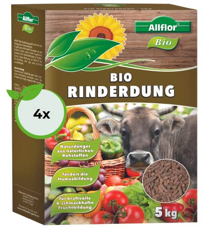 Allflor Rinderdung gekörnt - 4 x 5 Kg - Rinderdungpellets in der Faltschachtel - Wirtschaftsdünger von Rindern - Biologischer Gartendünger - Rindermist - Fördert die Humusbildung