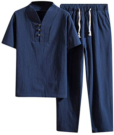 Survêtement pour homme - Col en V en coton et lin - T-shirt et pantalon de jogging - Coupe droite - Stretch - 2 pièces - Sweat confortable et décontracté - Survêtement deux pièces pour homme, Marine