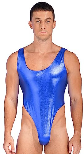 YiZYiF Herren Wetlook Body Sexy Glanz Metallic Bodysuit Jumpsuit Sport Unterhemd Tank Top Gymnastikanzug Trikot Thong Leotard Party Clubwear A_Blau L