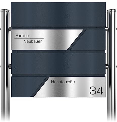 Graviers Design Buzón independiente en antracita RAL 7016 con soporte, buzón personalizado de acero inoxidable, grabado láser, nombre, número de casa, nombre de calle, compartimento para periódicos,