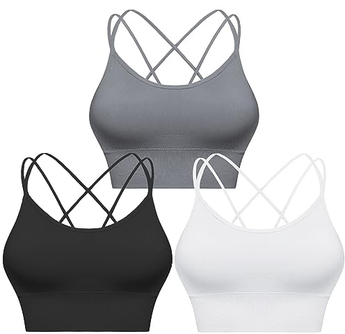 Sykooria Sport-BH dam, vadderad bustier, dambehå utan bygel, spagettiband, korsad rygg, design, push up bh, sportbh, topp för yoga, fitness, A-svart + vit + ljusgrå, M