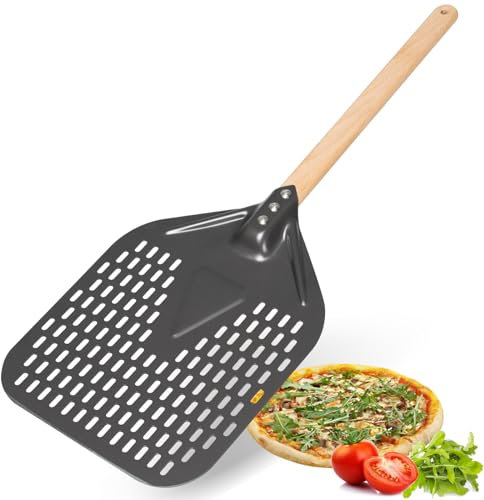 Gotoll Pizzaschieber Perforiert 10 Zoll, Pizzaschaufel gelocht aus Aluminium und mit Holz Griff, Pizza Schieber für Pizzastein und Brotschaufel