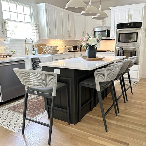 PURPLE LEAF Barhocker 2er Set Outdoor Barhocker Barstühle mit Alu-Gestell Rattan mit Fußstütze & Lehne, gepolsterte Sitze, für mittlere Thekenhöhe, Grau