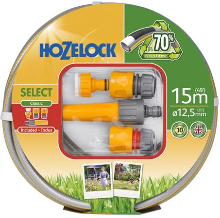 HOZELOCK - Select Hose 12.5mm x 15m Starter Set, Up To 70% Recycled PVC, Braided Reinforcement, Hard-Wearing Garden Hose, Quality and Durability, Fittings Included [100-100-581]