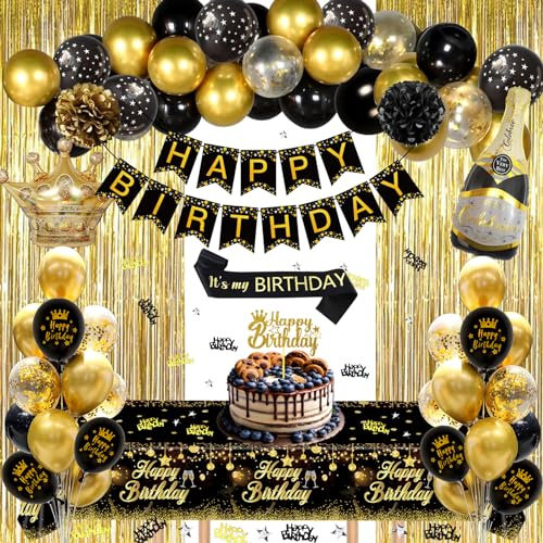 GYESXYW Geburtstagsdeko, Schwarz Gold Party Deko Set mit Happy Birthday Banner Konfetti Luftballons Geburtstag Schärpe Tischdecke Vorhang Pompons für Mann Frauen Geburtstag Dekorationen