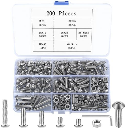 200 Stück M6 Schrauben Set, Linsenkopf Sechskantschrauben Muttern Set, Innensechskant Schrauben mit Muttern Set, Rundkopf Gewindeschrauben Set, Edelstahl Maschinenschrauben Sortiment Set