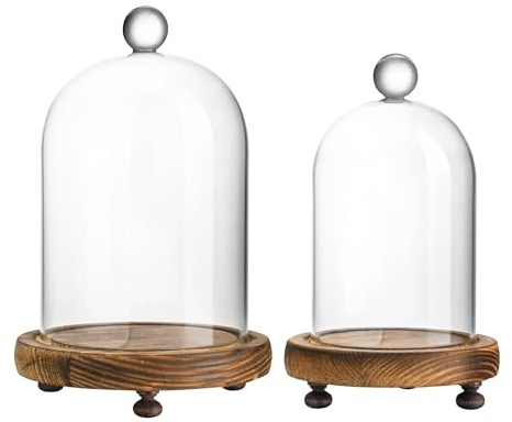 ZEERSHEE Set of 2 Cloche Glass Dome with Wooden Base, Glass Display Dome Bell Jar with Feet for Collectibles & Plants, Small Cloche for Fairy Lights & Home Decor