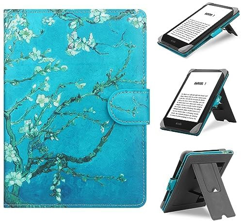 HoYiXi Universal Hülle für 6.8'',7“ Kindle ebook Readers,Kompatibel Paperwhite 2024-2019/Kobo Clara HD/Kobo Clara 2E Leder Stand Schutzhülle für 6-6.8'' Pocketbook/Tolino/Sony eReader,Blume