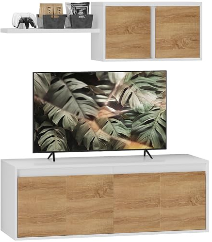 HOMCOM Set Mobile TV e Armadietto a Muro con 7 Ripiani e Scaffale Aperto, Mobile Porta TV in Truciolato, 120x41x43.3 cm, Bianco e Color Legno