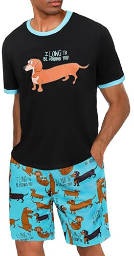 Demegimi Pijama Hombre Algodón Divertido Hombre Conjunto de Manga Corta Suave y Pantalones Corto Pijama de Verano