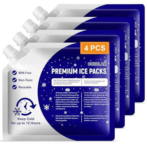 COZCLAM Lot De 4 Accumulateurs De Froid pour Sac Isotherme, Glacière & Sac À Dos Isotherme, Éléments Réutilisables, À Longue Durée De Refroidissement Jusqu’À 12 H, Étanche, pour Camping & Pique-Nique