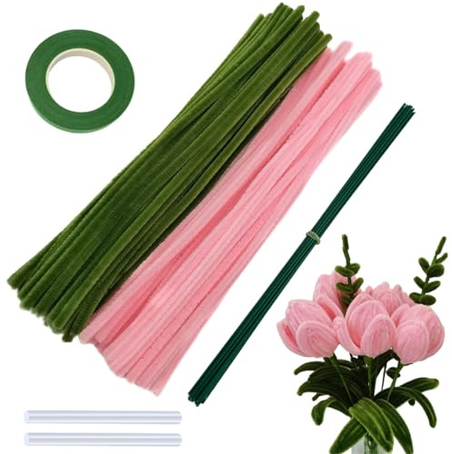 QOMJUFA 300pcs Limpiapipas Manualidades Flores Tulipán Multicolor Línea Chenilla Limpia Pipas+10pcs Tallo Floral Verde Alambres Flores Manualidades Accesorios Colores para DIY Regalo Decoración Hogar