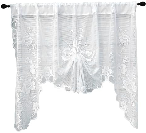 Jorzer Spets köksgardiner spetsdraperi, 180 x 99 cm vita blommiga broderier genomskinliga köksgardiner, prinsessstil broderade vattenfall gardinkappa för badrum