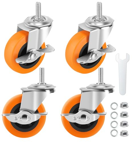 Caster Wheels, 3 Inch Casters Set of 4, Threaded Stem 3/8-16 x 1 (Screw Diameter 3/8, Length 1) Polyurethane Locking Swivel Castors,Heavy Duty Caster with Brake Wheels for Furniture and Workbench