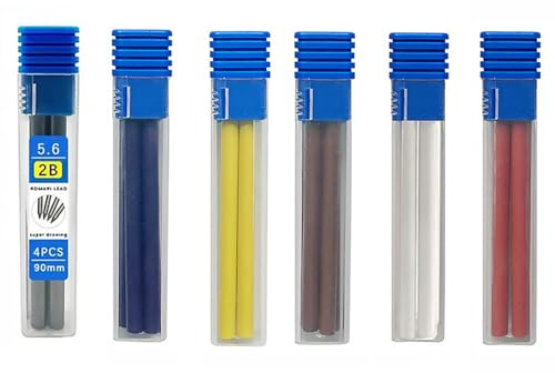 MROOFUL 24 minas para portaminas de 5,6 mm, 6 cajas/minas de lápiz 2B coloridas, recambios de carpintero para dibujar, sombrear, manualidades
