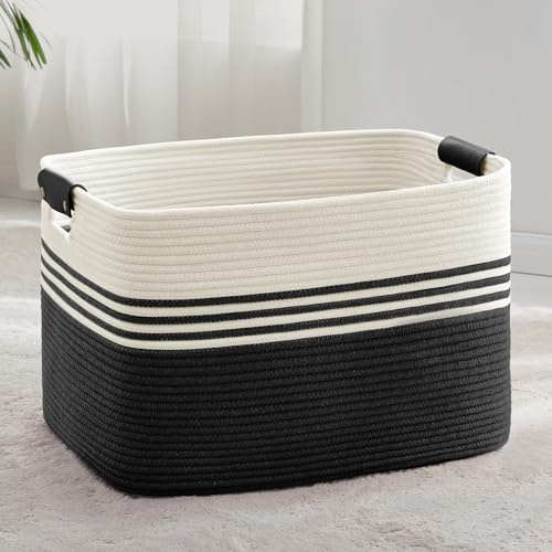 Grande cesto per biancheria intrecciato in corda di cotone, 86L, con manici in cuoio, per coperte, vestiti, giocattoli, per lavanderia, camera bambini o soggiorno, 60x40x36 cm, bianco e nero