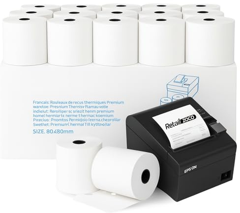Rollos de papel térmico, Papel Impresora Térmica, Rollo de Recibo Térmico, Apto para Impresora EPOS, Terminal POS, Datafono, Caja Registradora, Báscula, Tamaño 80x80 mm, Pack de 8 rollos