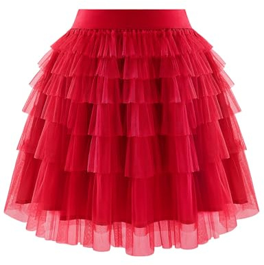 Bbonlinedress Halvlång tyllkjol för kvinnor elegant volangkjol för bal, fest, ceremoni, utflykt, elastisk midja, Färg: röd, L