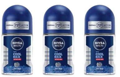 NIVEA Men Cool Kick Anti-Perspirant Roll-On Deodorant 25ml – 72 Hour Sweat & Odor Protection, Refreshing Cool Formula with Masculine Scent, Skin Comfort, Quick Dry, Long-Lasting Freshness, 3 Pack