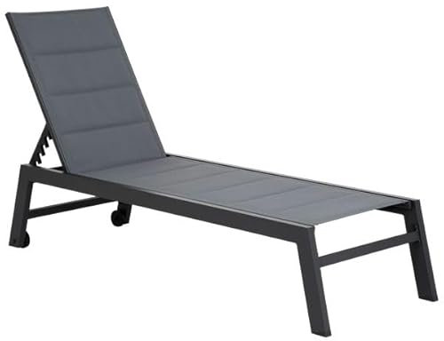 Happy Garden Sonnenliege Barbados aus grauem Textilene und schwarzem Aluminium. Outdoor-Liege mit Mehreren Positionen.