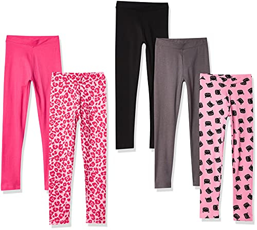Amazon Essentials Legging Fille, Lot de 5, Chat/Gris Foncé/Impriméanimaux/Noir/Rose, 8-9 ans