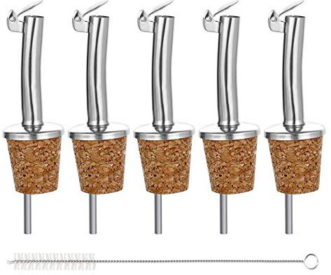 Incutex 5 Beccucci in Sughero con Coperchio e 1 Spazzola per la Pulizia, Versatore, Dosatore, Tappo Bottiglia per Liquori, Vino, Olio, Aceto