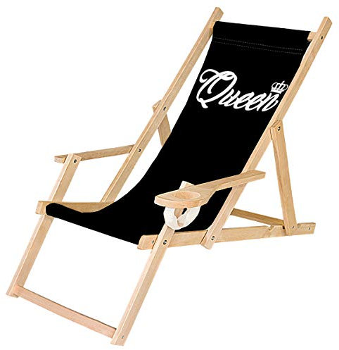 Ferocity Holz-Liegestuhl Klappbar Klappliegestuhl mit Armlehne und Getränkehalter Strandstuhl Motiv Schwarz Queen [119]