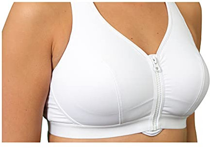 Women's Medium - High Impact Wirefree Zip Front Workout Gym Sports Bra (White, 34J)