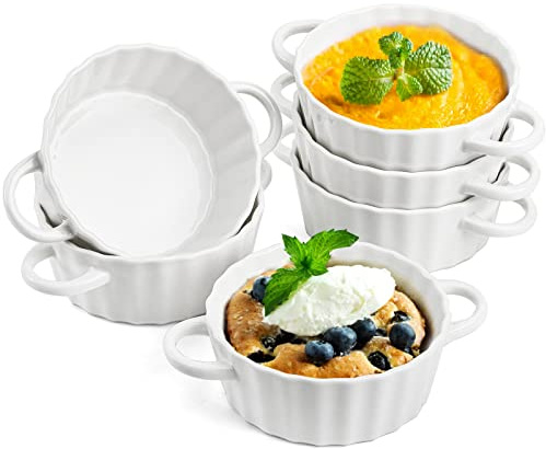 Foraineam 6 Pack Oven Safe Porcelain Souffle Dishes with Double Handles, 10 Ounce Round Mini Quiche Pan, Baking Pie Dish Ramekins For Pudding, Creme Brulee, Souffle