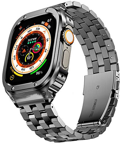 SUPLINK Boîtier en acier inoxydable avec bracelet compatible avec Apple Watch Ultra 2/1 de 49 mm, bracelet de protection en métal robuste pour iWatch pour homme (gris sidéral)