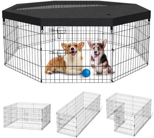 Dog Pen Pet Playpen Dog Fence Indoor Foldable Metal Wire Exercise Puppy Play Yard Pet Enclosure Indoor Outdoor 8 Panels 24 Inch with Bottom Pad/Top Cover (Black with top Cover)
