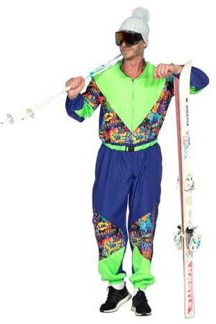 WILBERS & WILBERS 5495 - Retro Skianzug mit 80er Jahre Print für Herren, Skioverall, Schneeanzug, für Aprés Ski und Karneval, Blau-grün