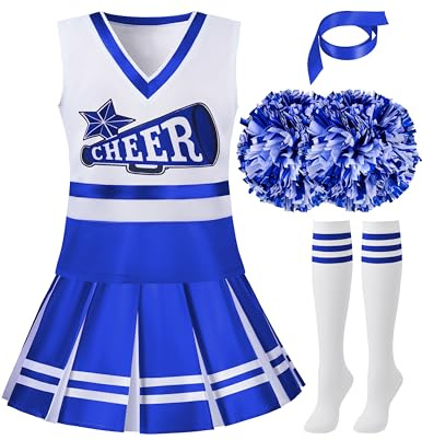 Spooktacular Creations Cheerleader Costume for Girls, Kids Halloween Cheerleader Outfit, Child Cheerleading Uniform for Halloween Dress Up Parties, Blue, XL