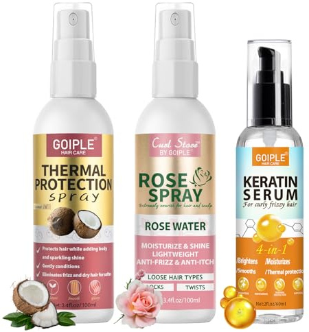 Coconut Heat Protectant Spray - Keratin Protein Hair Serum Anti Frizz Control Repair - Rose Water Moisturize Anti-Frizz Smooth Products (3PCS)