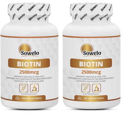 Sowelo Biotin I 2500 mcg I Nahrungsergänzungsmittel mit Biotin I Vitamin B7 I Stärkt Haut, Nägel und Haare I Gegen Alterung I 120 Tabletten (2-Pack)