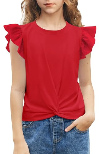 Arshiner flickor skjorta kortärmad twist front t-shirt för flickor bomull flygande ärmar sommarblus för flickor tunika t-shirt toppar 5-12 år