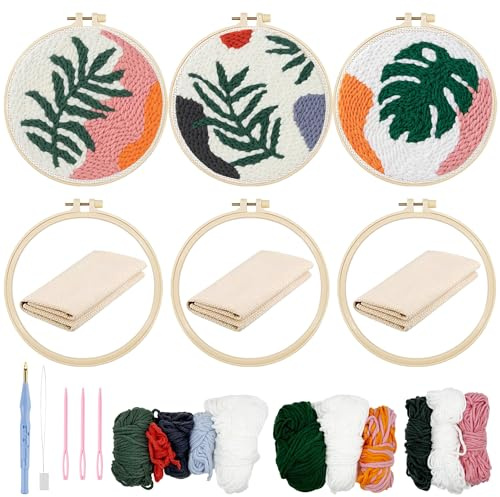 Allazone 3 st Punch Needle Startkit Broderikit, komplett kit för broderi med gröna blad mönster och brodering, broderiset för nybörjare och vuxna