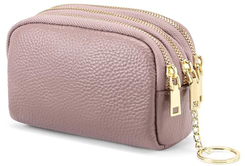 SENDEFN Small Coin Purse Wallet 3 Zippered Change Pouch Leather Ladies Purses with Key Ring for Women