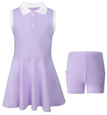 Robe de Tennis pour Filles avec Poches Séparées pour Shorts Robe de Sport Golf sans Manches Tenue de Tennis Polo 5-15 Ans