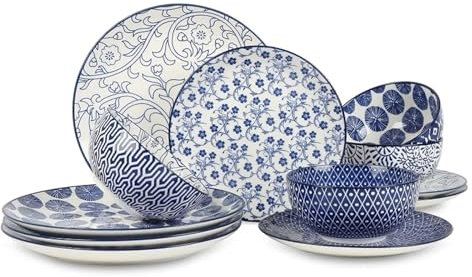 DYHWAC Juegos de vajilla de cerámica de 12 Piezas, Platos y tazones, Servicio for 4 Platos de Cena, Ensalada y Postre