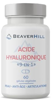Acide Hyaluronique | 9 principes actifs | BEAVERHILL | 60 gélules végétales | 1 mois | Acide hyaluronique - N. acétylglucosamine - OPC Extrait pépins de raisin - CoQ10 - Vitamines C, B2, B3, B8 et E