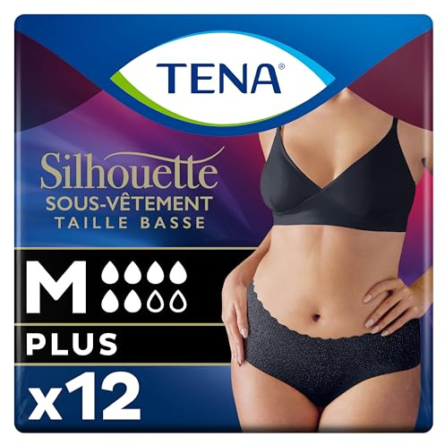 TENA Silhouette Normal Taille Basse - Sous-vêtements Absorbants Jetables Incontinence Femme - Post-accouchement - Pour Fuites Urinaires Modérées à Fortes - Noir - Taille M - 12 Culottes