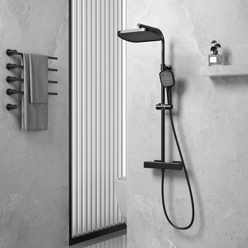 Ronvie Thermostatic Shower Mixer Set, 32cm Square Overhead Rainfall Shower, 3 Modes Shower Head with Adjustable Height Shower Rod, Anti-Leak Hose, Anti-Scald Thermostatic Shower System Black